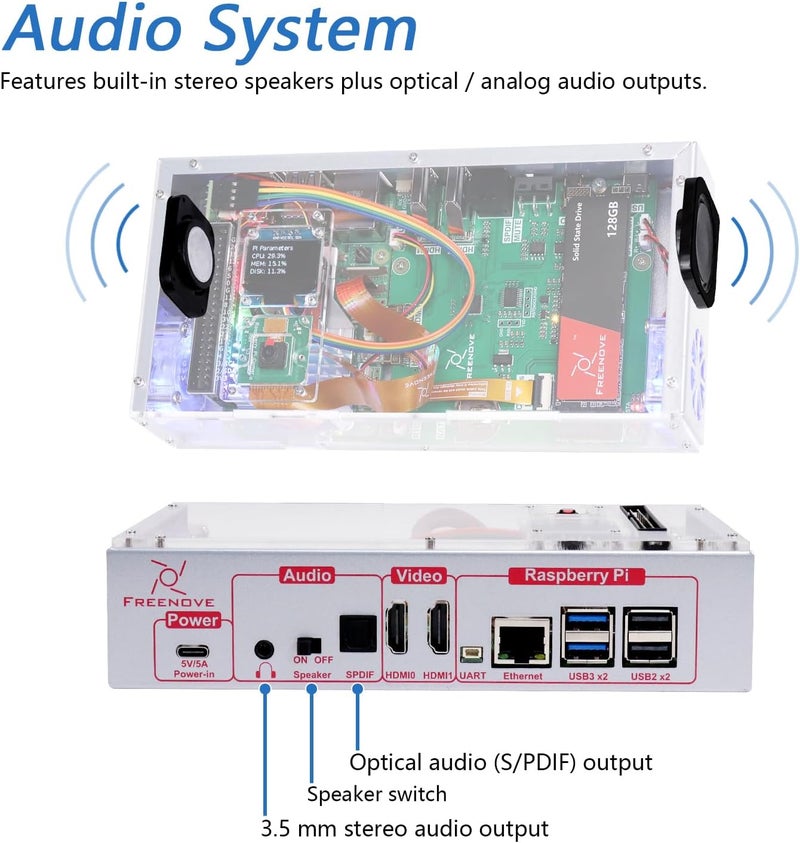 FREENOVE PC Case Kit for Raspberry Pi 5 with Cooling Fan,128GB M.2 NVMe SSD 800 MB/s, 5 MP Camera, 0.96 Inch OLED Screen, Built-in Stereo Speakers, 3.5 mm and Optical Audio (S/PDIF) - Image 5